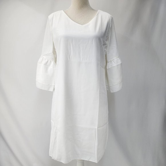 New Chalier Womens Medium White Ruffle Sleeve Shift Dress V-Neck Chiffon Poly - Picture 12 of 15